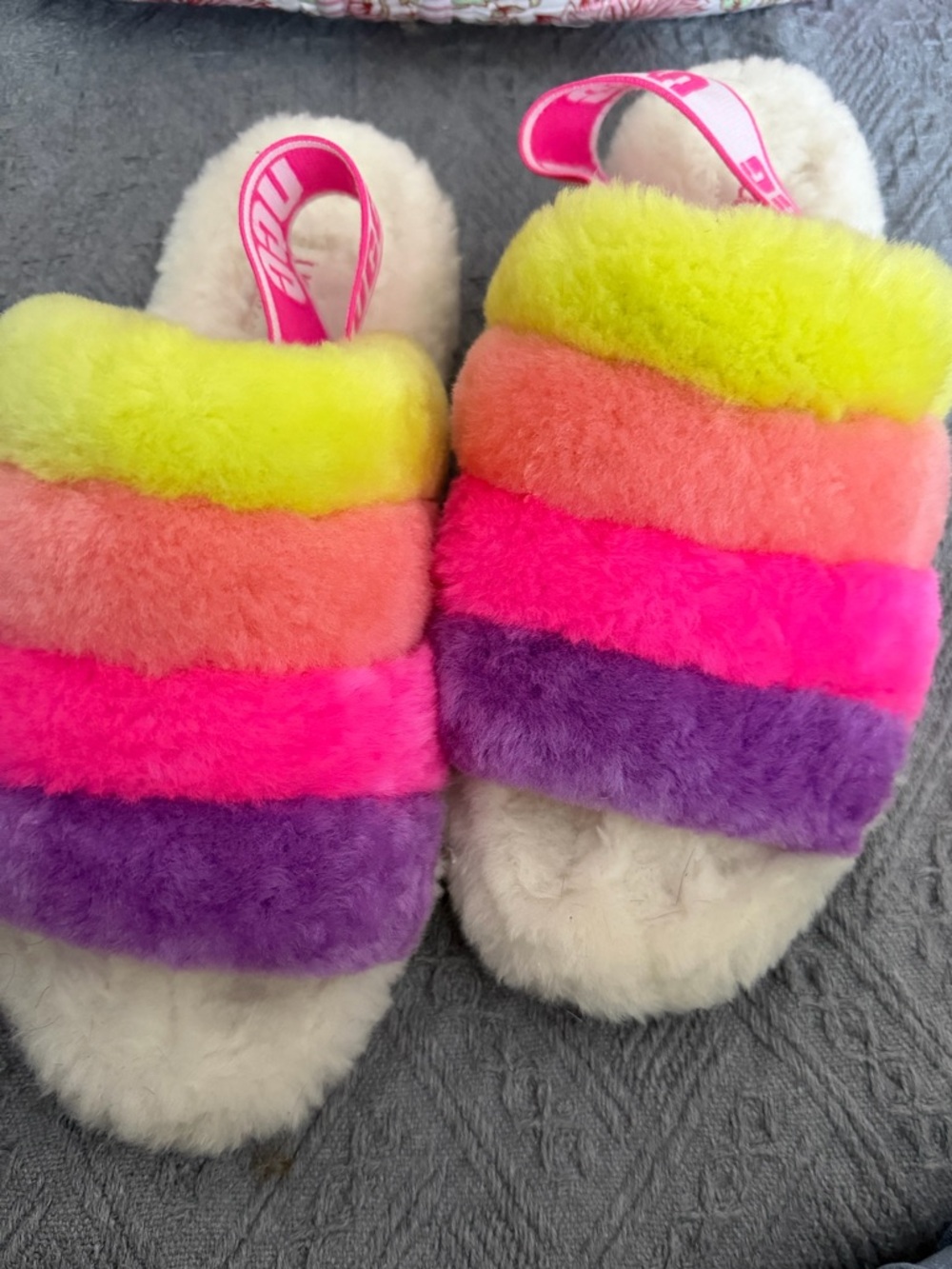 UGG Pink Neon Logo Shearling Slides